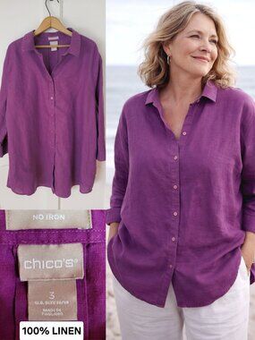 Chico’s 100% Linen Button-Up Shirt Tunic Purple Fushia Size 3 16/18 Relaxed Fit